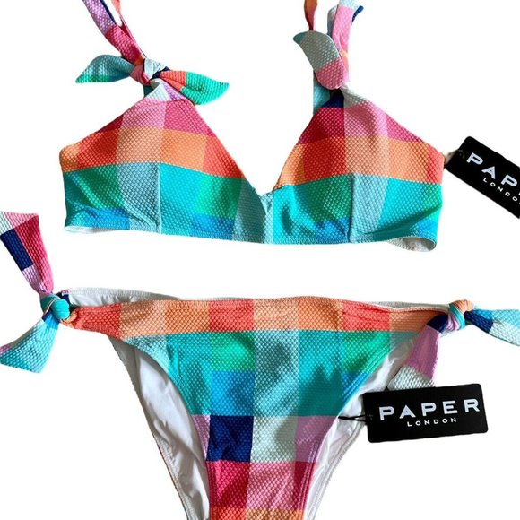 Paper London Lucia Bikini Top & Carla Bikini Bottoms Tropical Check Size M - Picture 1 of 6
